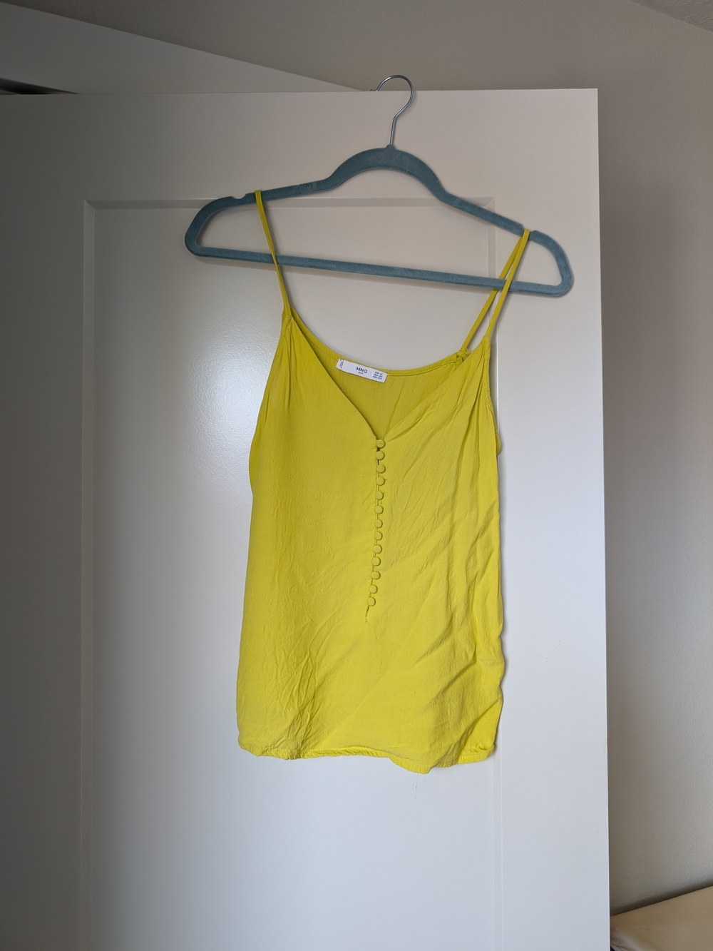Mango Chartreuse Spaghetti Strap V-Neck Tank Top with Button Detail